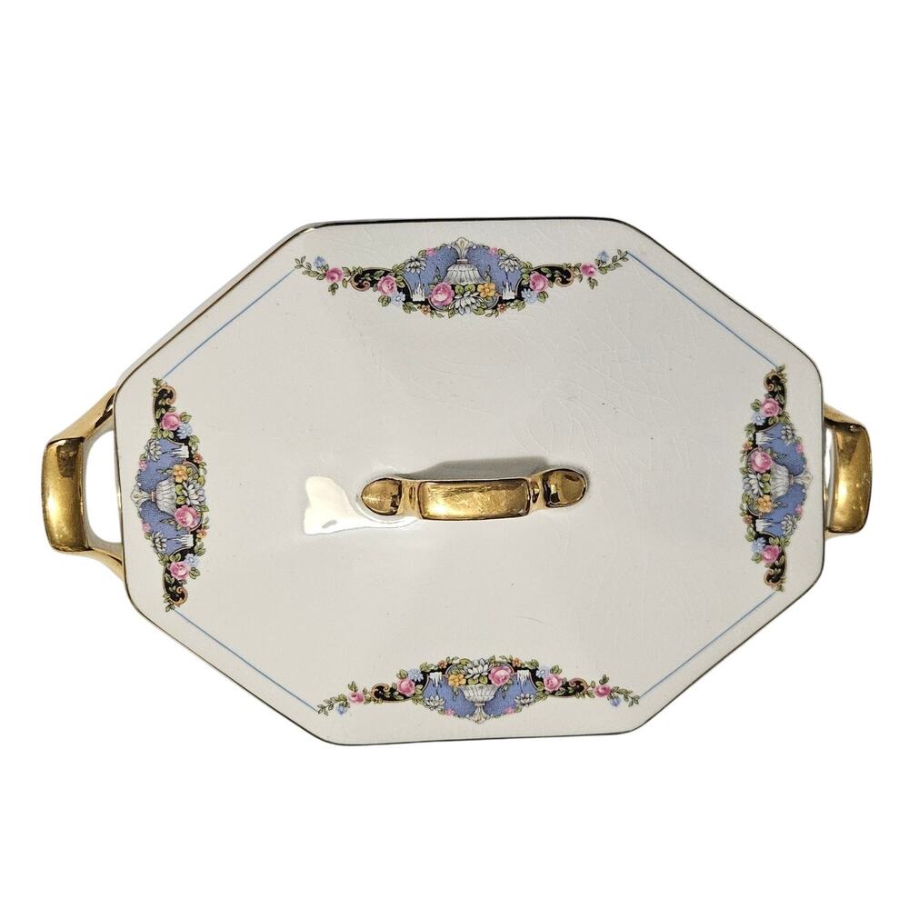 Vintage F C Co Maytime Floral Covered Serving Dish Gold Trim Handles